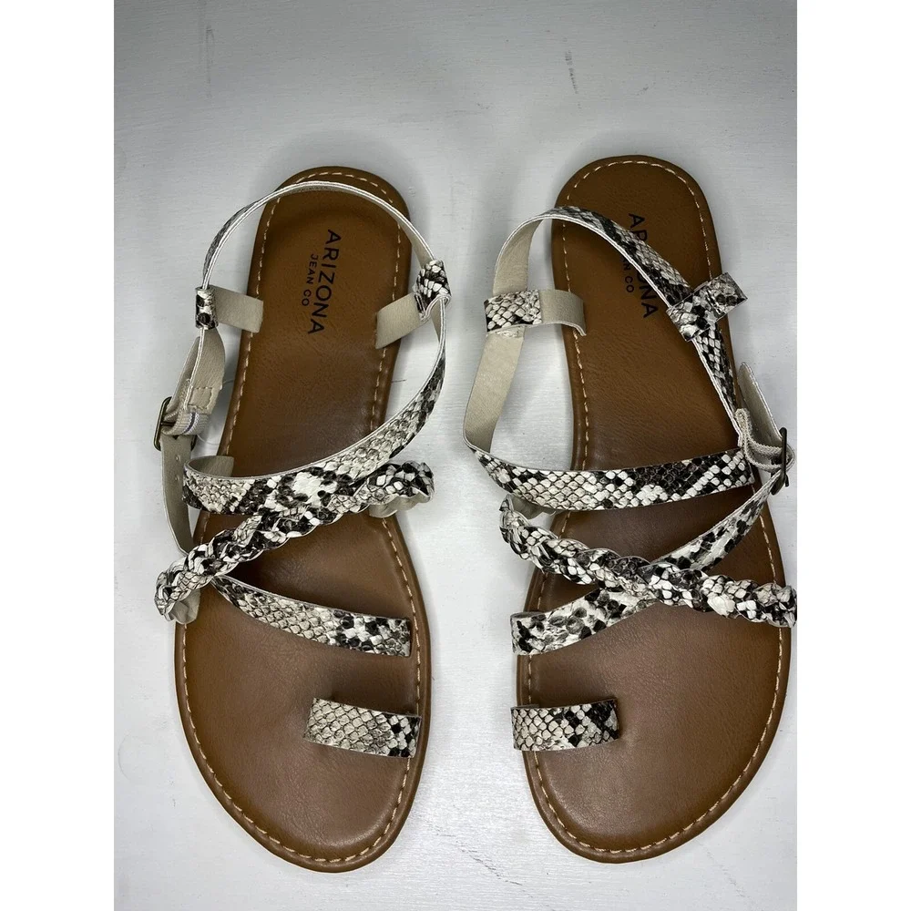 women's size 9.5M Arizona‎ black and white snakeskin toe loop sandals